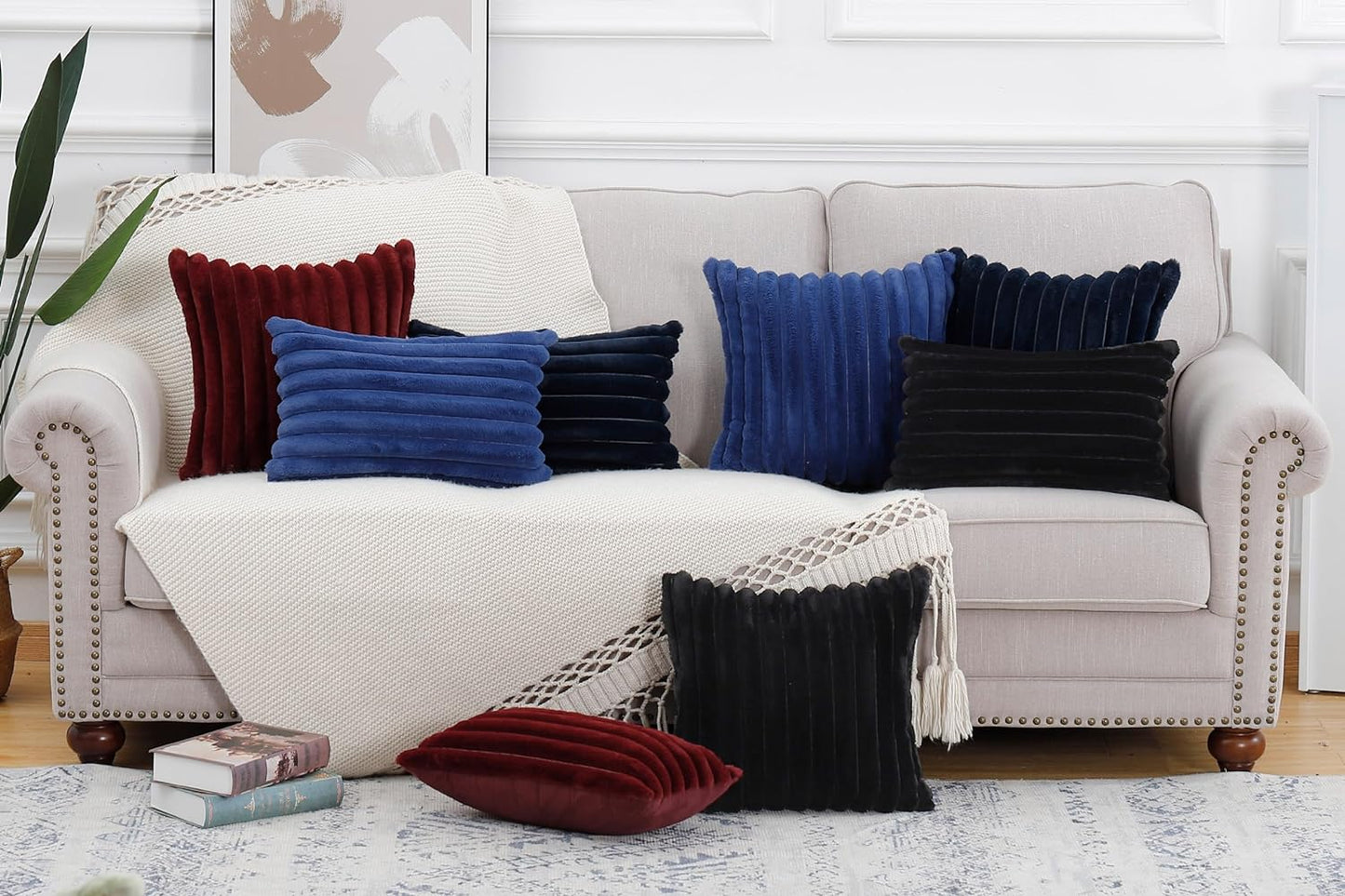 MADIZZ Set of 2 Faux Wool Plush Decorative Throw Pillow Covers 22x22 Inch Burgundy Fluffy Striped Soft Decorative Cushion Cover for Sofa Bedroom Pillow Shell