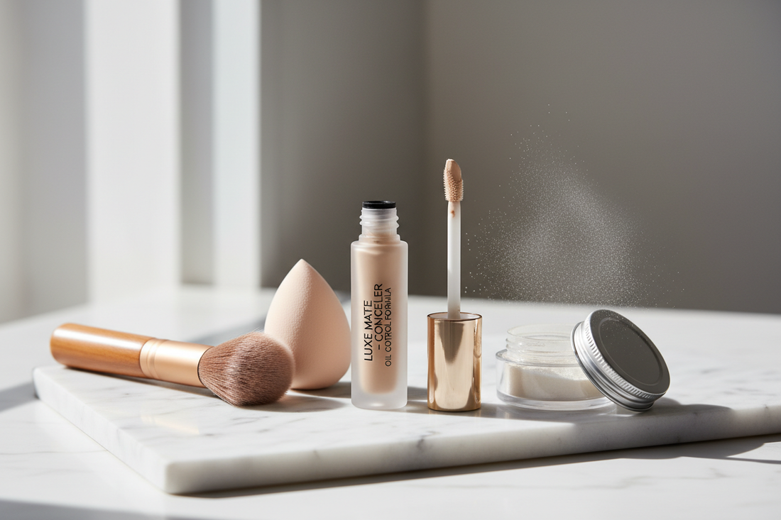 Professional concealer and makeup tools for oily skin on marble surface