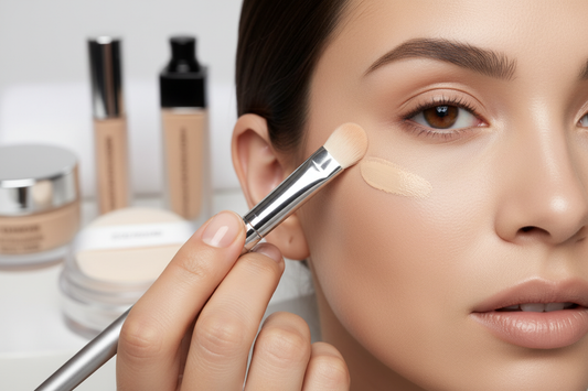 Professional makeup application showing crease-free concealer technique for oily skin with matte finish