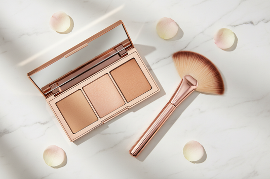A luxurious flat lay of a rose gold highlighter palette and fluffy fan brush on a white marble surface, with soft champagne-toned light reflections — perfect for a strobing and glow makeup tutorial.