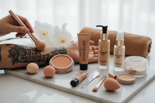 Professional makeup products for tattoo coverage including color corrector, concealer, and setting spray