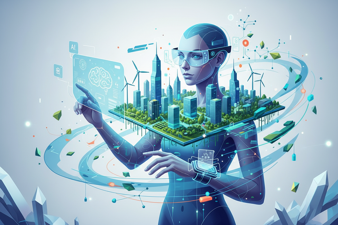Futuristic illustration of AI, wearables, augmented reality, and green technology trends in 2026