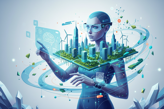 Futuristic illustration of AI, wearables, augmented reality, and green technology trends in 2026