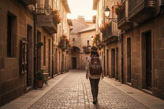 A solo traveler with a backpack exploring a charming European cobblestone street at golden hour