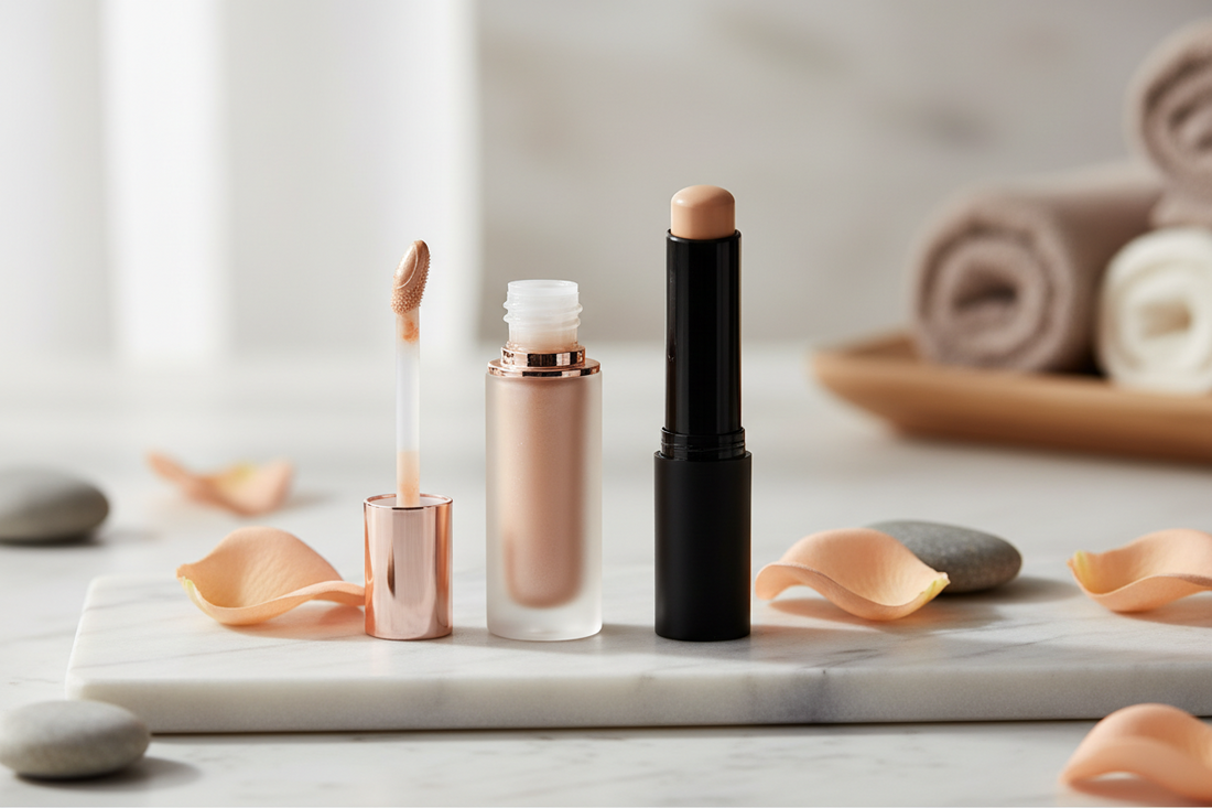 Two types of concealers displayed side by side showing under-eye and blemish concealer products
