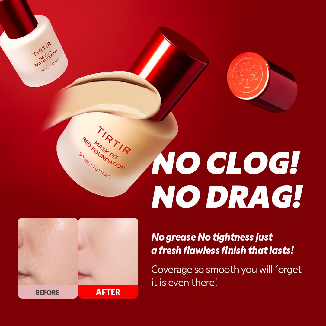 TIRTIR Mask Fit Red FoundationㅣLong Lasting Flawless Coverage, Energy Essence, Lightweight, Hydrating, Pore-Blurring, Breathable Satin Finish, Makeup, Radiant Skin, #34W Toffee, 1.01 Fl Oz