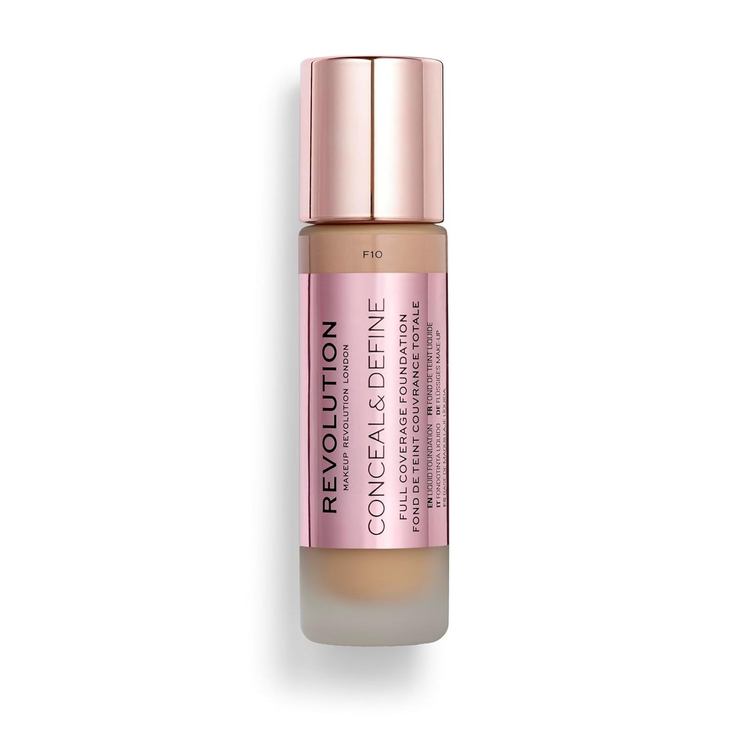 Revolution Beauty, Conceal & Define Foundation, Full Coverage, Long-Lasting Matte Finish, Vegan & Cruelty Free, F10 Medium Skin Tones, 0.8 Fl.Oz.