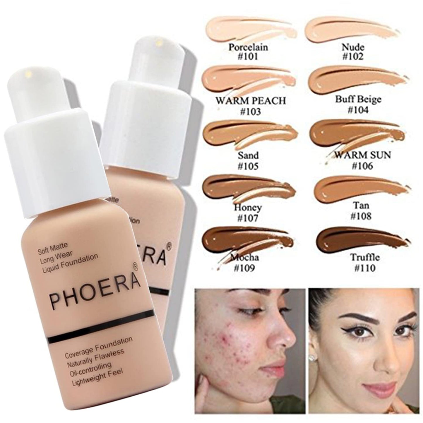 PHOERA Foundation Full Coverage,PHOERA Concealer Lightweight Full Coverage,PHOERA Makeup Long Lasting Wrinkles Matte Natural Finish for a Flawless Complexion (105 Sand+105#BISCUIT)