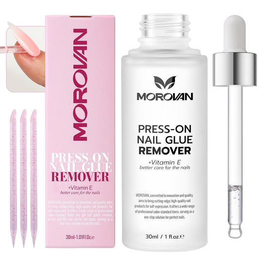Morovan Press On Nail Glue Remover: Quick Press On Nail Remover Gentle Odorless Non-Acetone Artificial Acrylic Fake Nails Tips Removal - Enriched with Cuticle Oil and Vitamin E Beginners DIY at home
