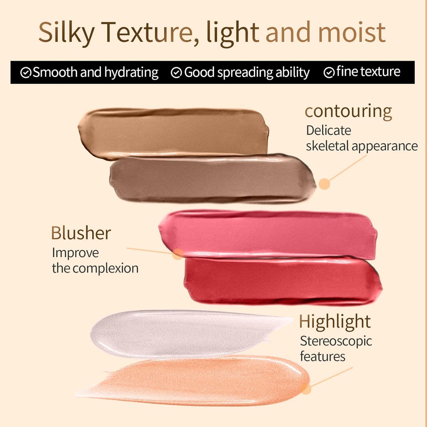 Liquid Contour Beauty Wand, Cream Highlighter Makeup Stick,Smooth Liquid Bronzer Stick with Cushion Applicator, Lightweight Blendable Body Face Shimmer Highlighter Contour Stick, Cruelty-free(02+05)
