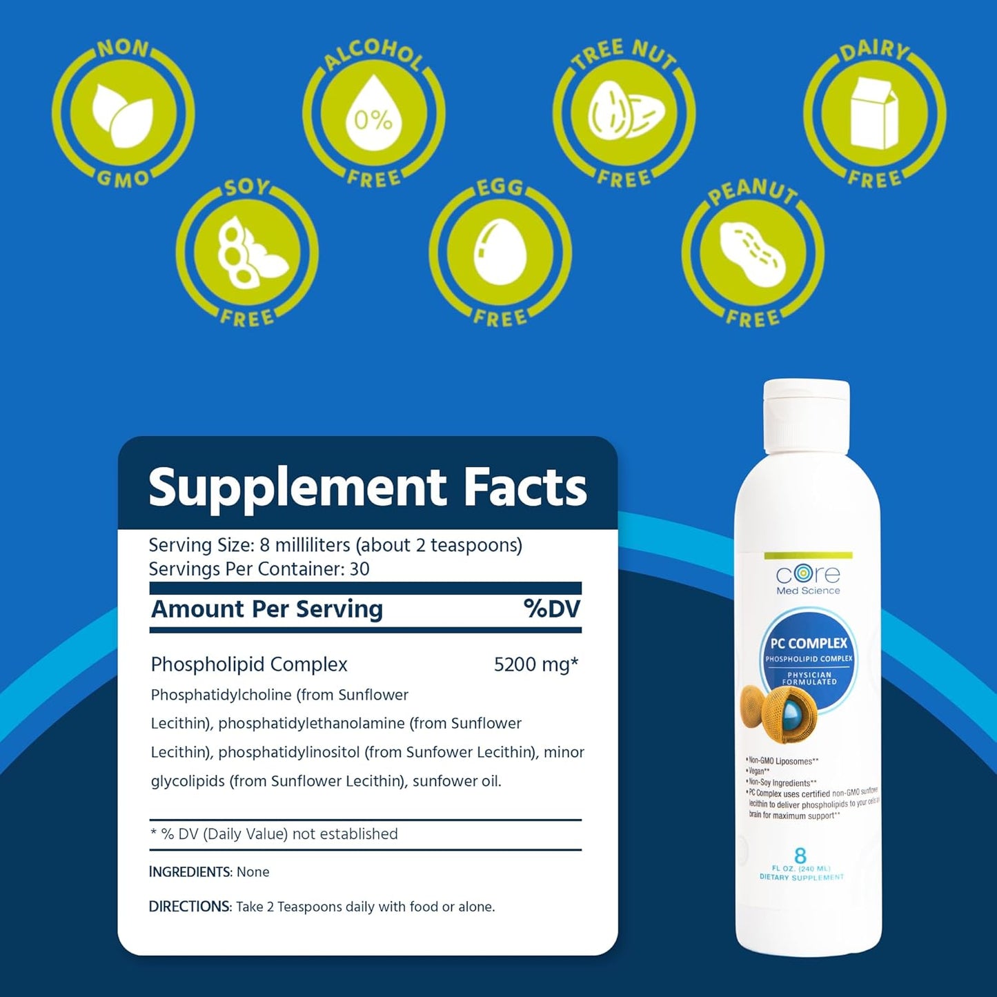 Core Med Science Phosphatidylcholine Supplement, Liposomal PC Complex (8 Fl Oz) - Lecithin Phospholipid Supplement That Supports Liver & Gut Health - Phosphatidyl Choline Liquid for Cognition Support