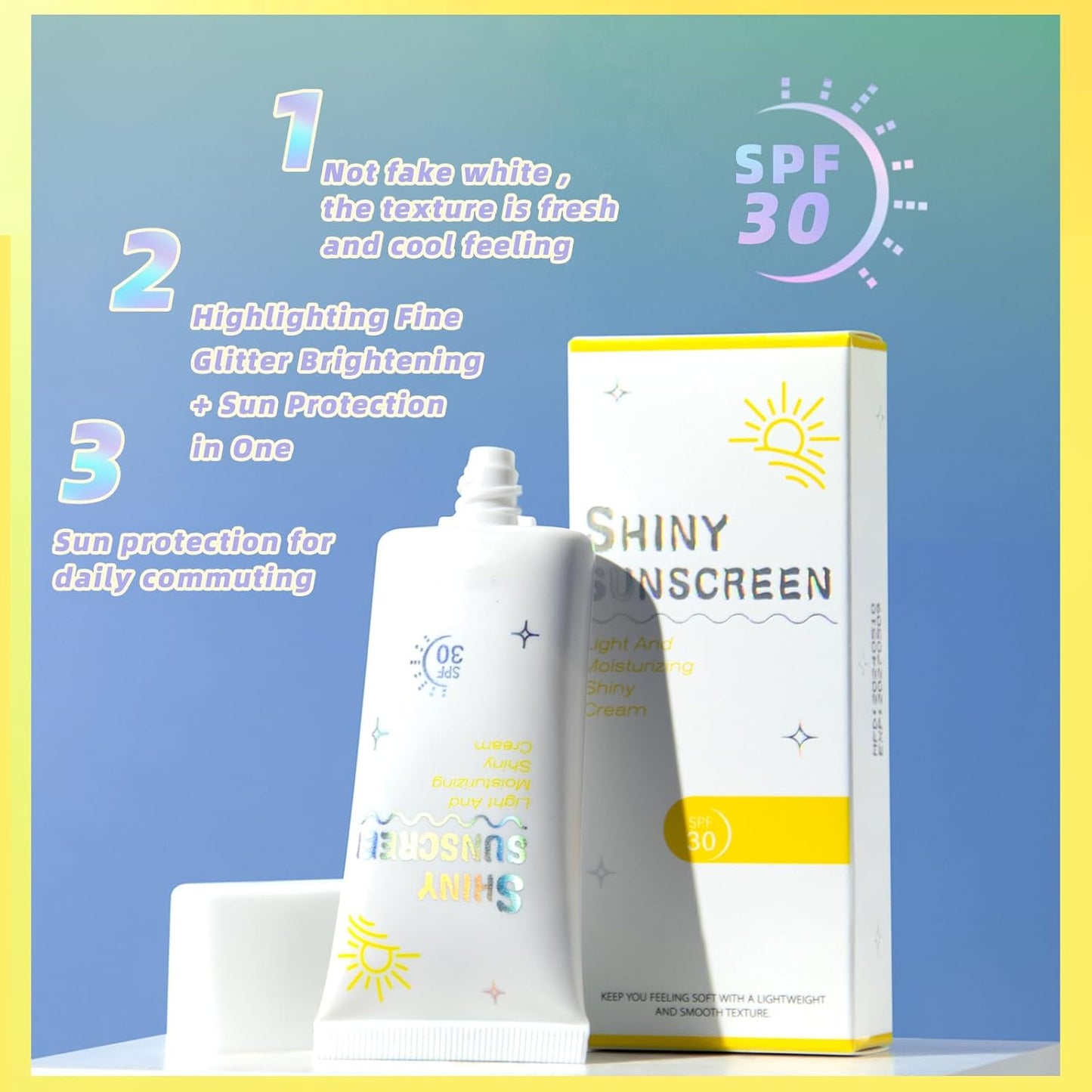 Shimmer Face Primer with Sunscreen, SPF 30, Highlighting Fine Glitter Brightening + Sun Protection, Moisturizing Sunscreen, Natural & Refreshing, Oil-Controlling,Non-Greasy Isolation Primer