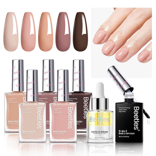 Beetles Nude Nail Polish Set 7Pcs: Fast Drying & Long Lasting Neutral Beige Brown Nail Polish with 2 IN 1 Base & Top Coat and Cuticle Serum, All-in-One Care Nails Gift Sets